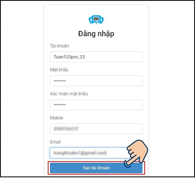 Bấm tạo tài khoản