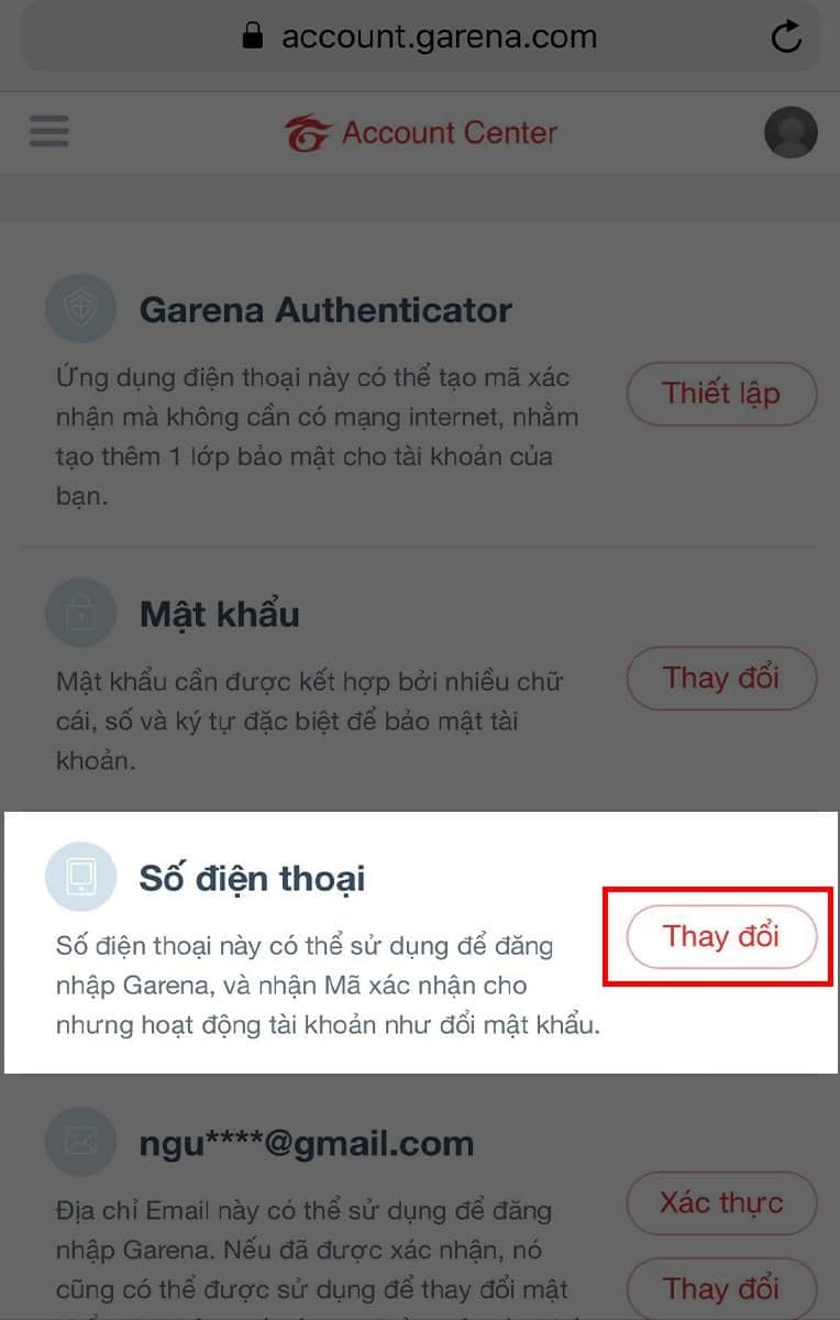 Bấm vào thay đổi mục sđt