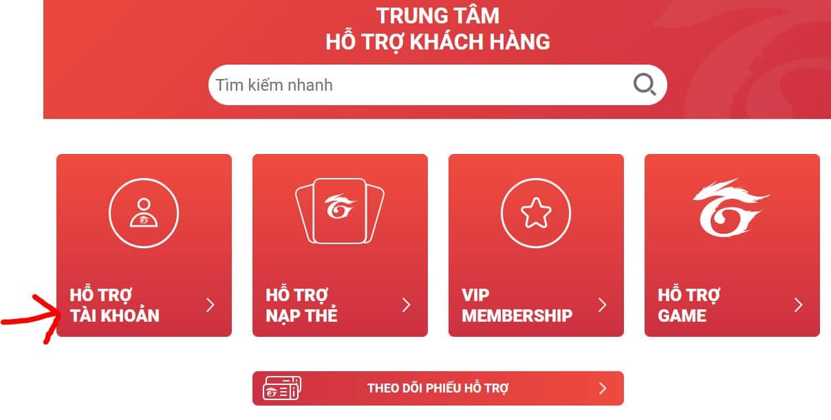 Chọn vào mục hỗ trợ tài khoản