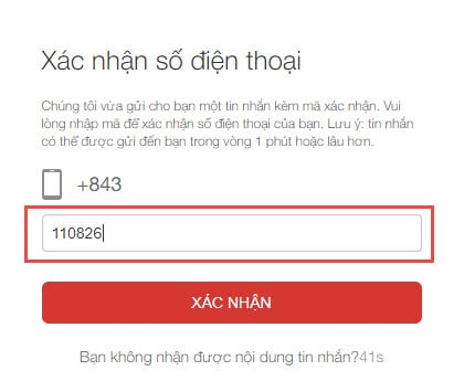 Điền mã xác thực và nhấn xác thực