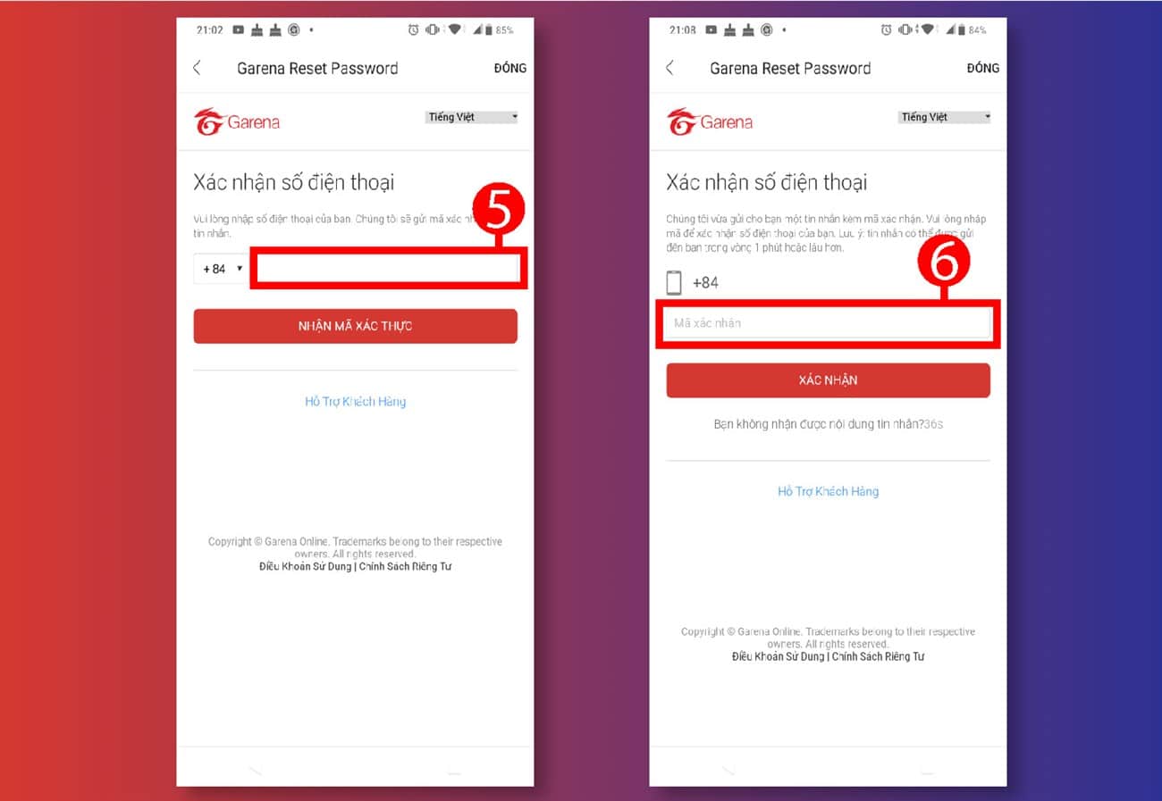 Nhập mã xác thực được gửi qua SMS Quên Tên Đăng Nhập Garena