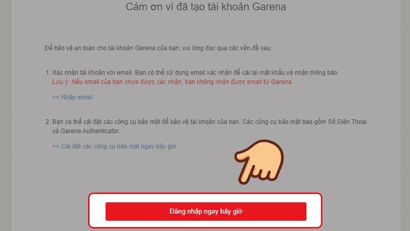Nhấn vào Đăng nhập ngay bây giờ để đăng nhập vào Garena