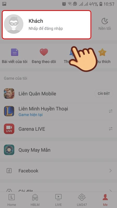 Nhấn vào ảnh đại diện có chữ Khách