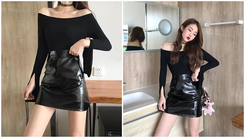Áo trễ vai kết hợp chân váy da