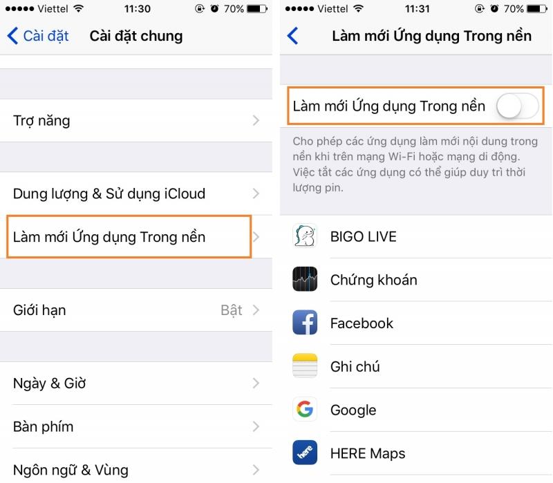 Vô hiệu hóa tính năng làm mới ứng dụng trong nền