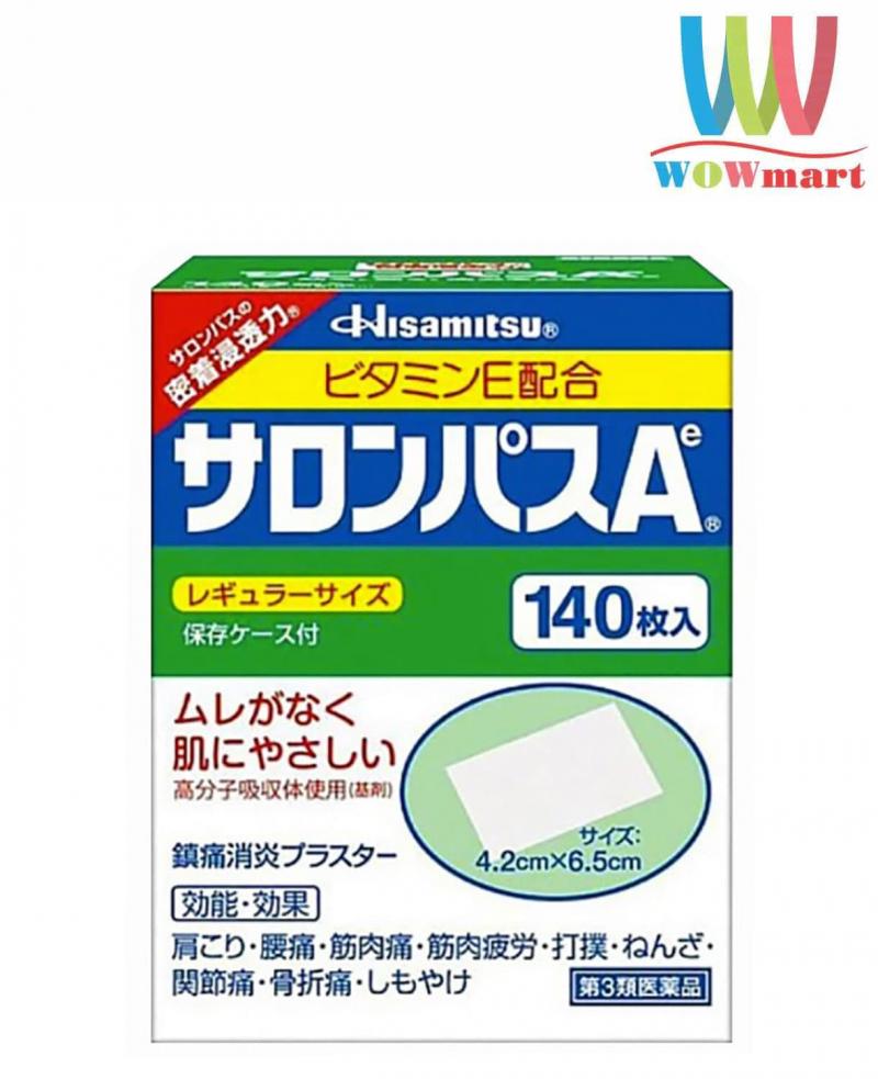Miếng dán Salonpas giảm đau Nhật Bản Salonpas 140 miếng cho những vùng như vai, cổ, các khớp, cơ, bong gân… Hiệu quả giảm đau của nó lên đến 8 giờ, trả lại cho bạn năng suất làm việc hiệu quả.