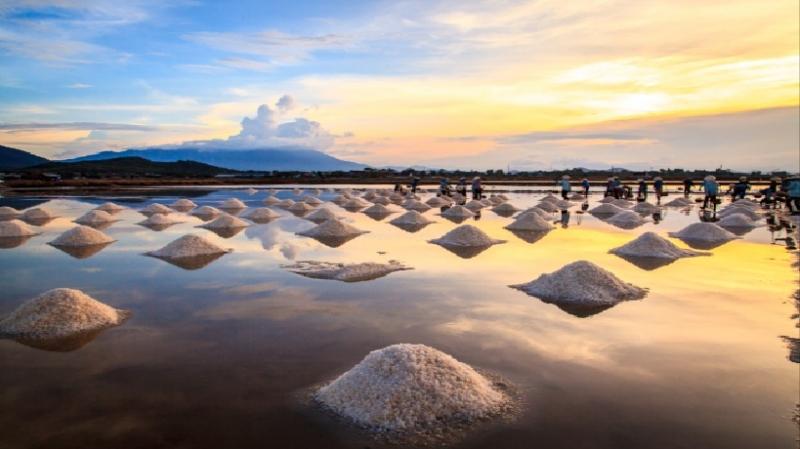 Những gò muối cao dưới ánh nắng cuối ngày