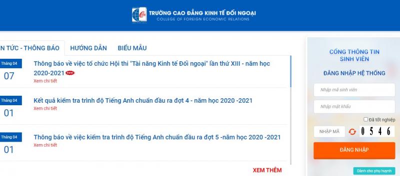Cổng thông tin sinh viên Cao đẳng kinh tế Đối Ngoại