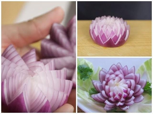 Tỉa hoa sen từ hành tây.