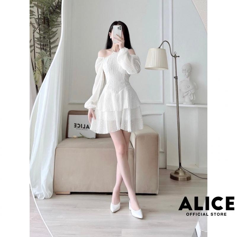 Váy tiểu thư voan hạt cổ yếm trễ vai ALICE