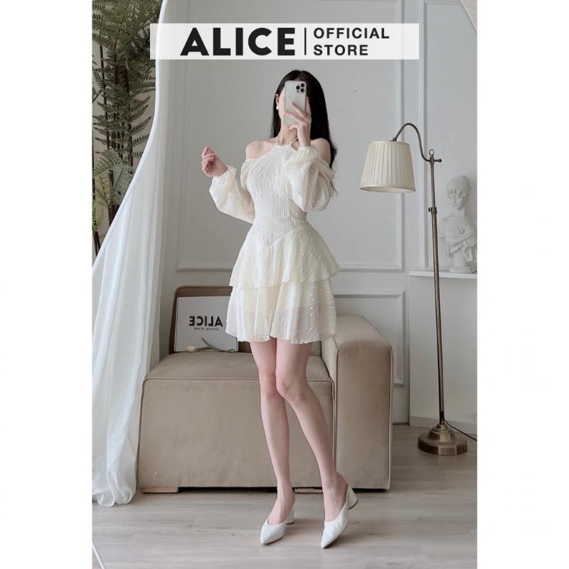 Váy tiểu thư voan hạt cổ yếm trễ vai ALICE