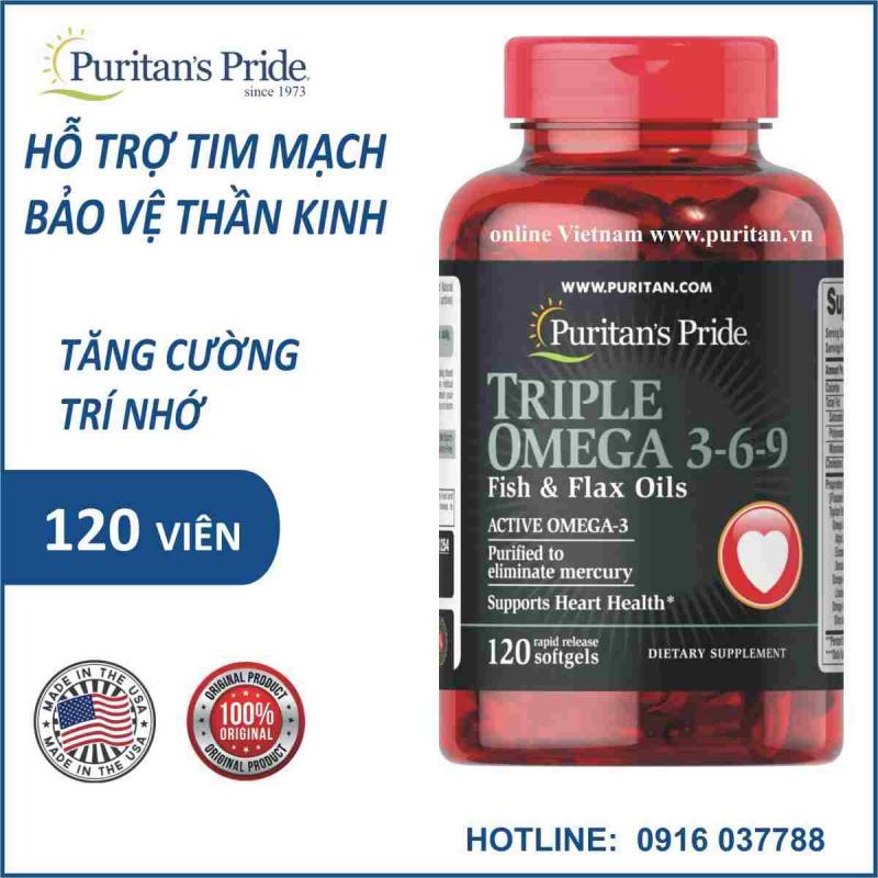 Viên uống tăng cường hệ miễn dịch, ngừa bệnh tim mạch đẹp da Puritan's Pride Triple Omega 3-6-9